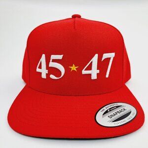 MAGA Trump 45 47 President Red Flat Bill Snap Back Cap Hat Puff Embroidered